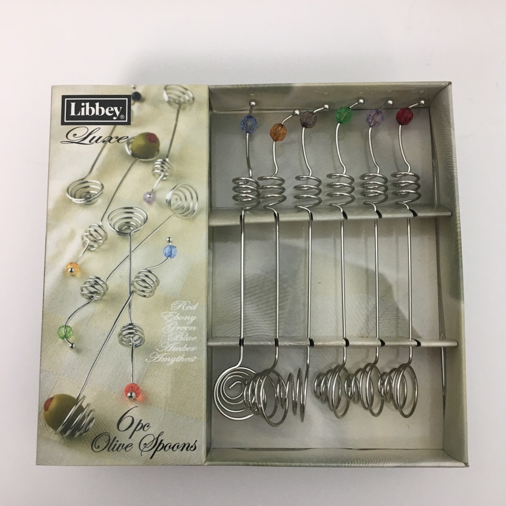 Libbey Luxe 6pc Olive Spoons Silvertone Faux Crystal Multi Colored Beads NWT Box